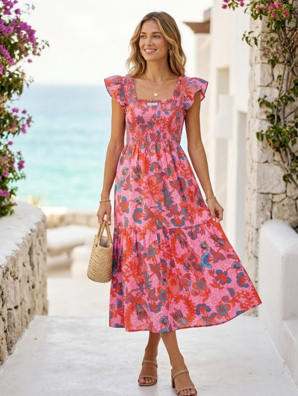 Tuckernuck Smocked Midi Dress - 100% Cotton Pink Blue Paisley Floral XS